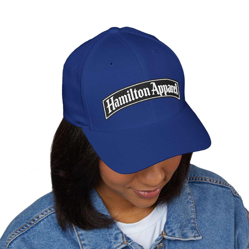 Hamilton Apparel Embroidered Curved Patch Cap — White Structured Closed-Back Hat