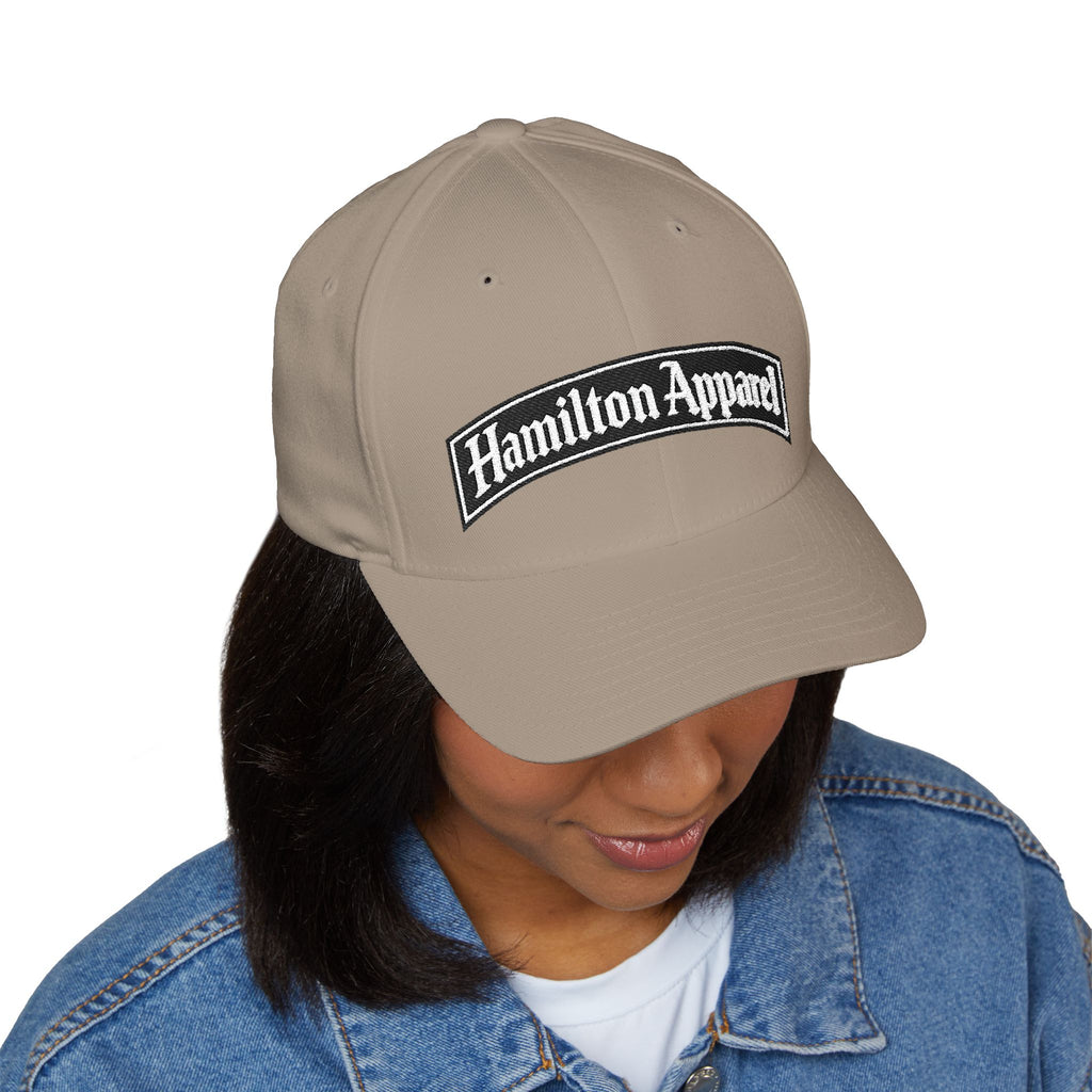Hamilton Apparel Embroidered Curved Patch Cap — White Structured Closed-Back Hat