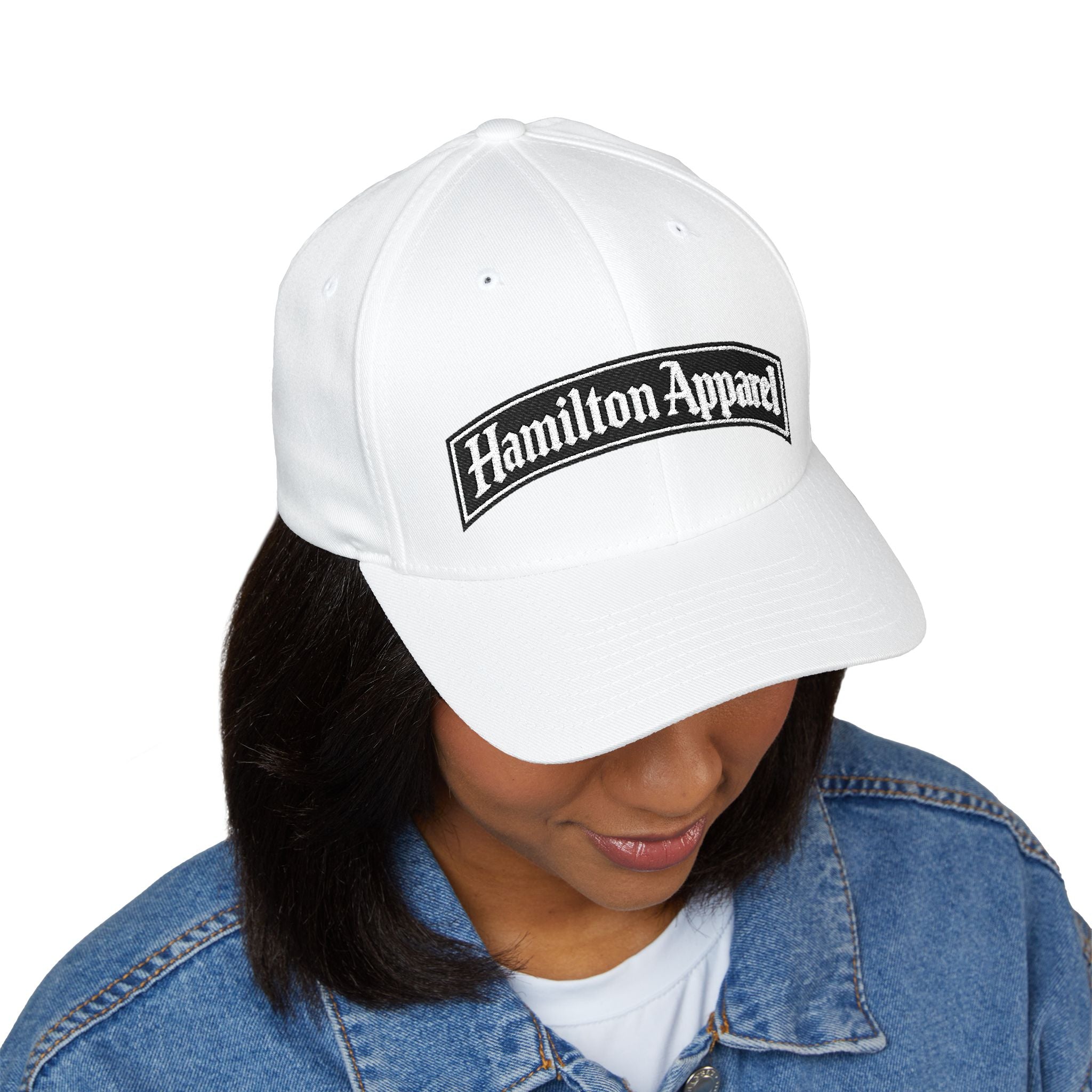 Hamilton Apparel Embroidered Curved Patch Cap — White Structured Closed-Back Hat