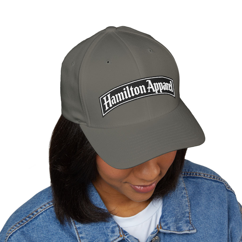 Hamilton Apparel Embroidered Curved Patch Cap — White Structured Closed-Back Hat