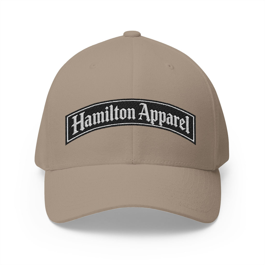 Hamilton Apparel Embroidered Curved Patch Cap — White Structured Closed-Back Hat