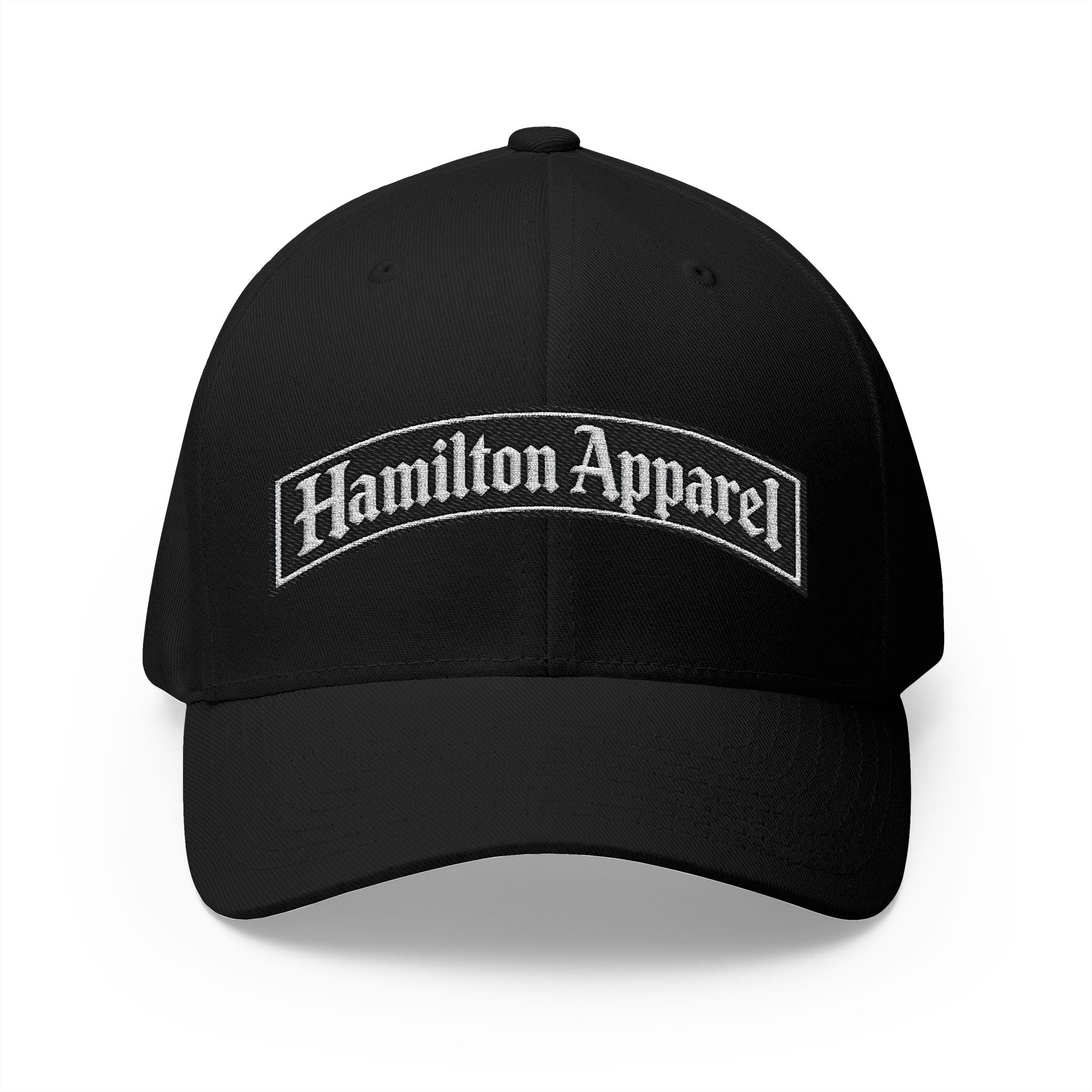 Hamilton Apparel Embroidered Curved Patch Cap — White Structured Closed-Back Hat