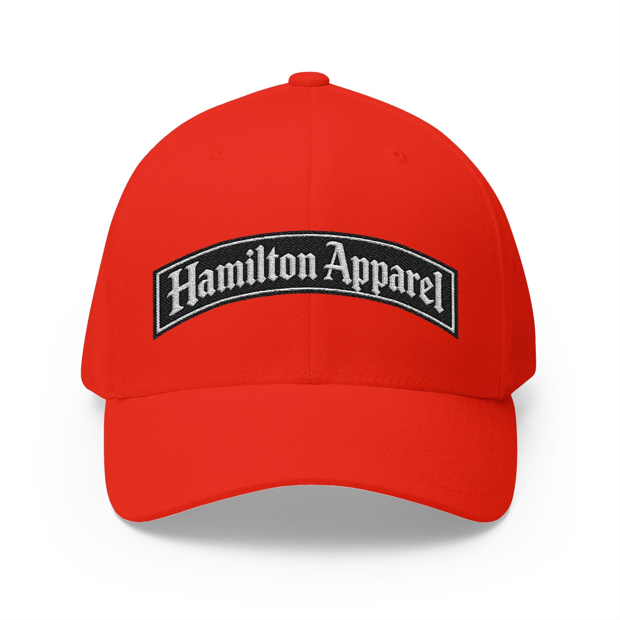 Hamilton Apparel Embroidered Curved Patch Cap — White Structured Closed-Back Hat