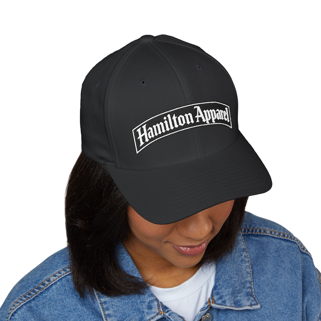 Hamilton Apparel Embroidered Curved Patch Cap — White Structured Closed-Back Hat