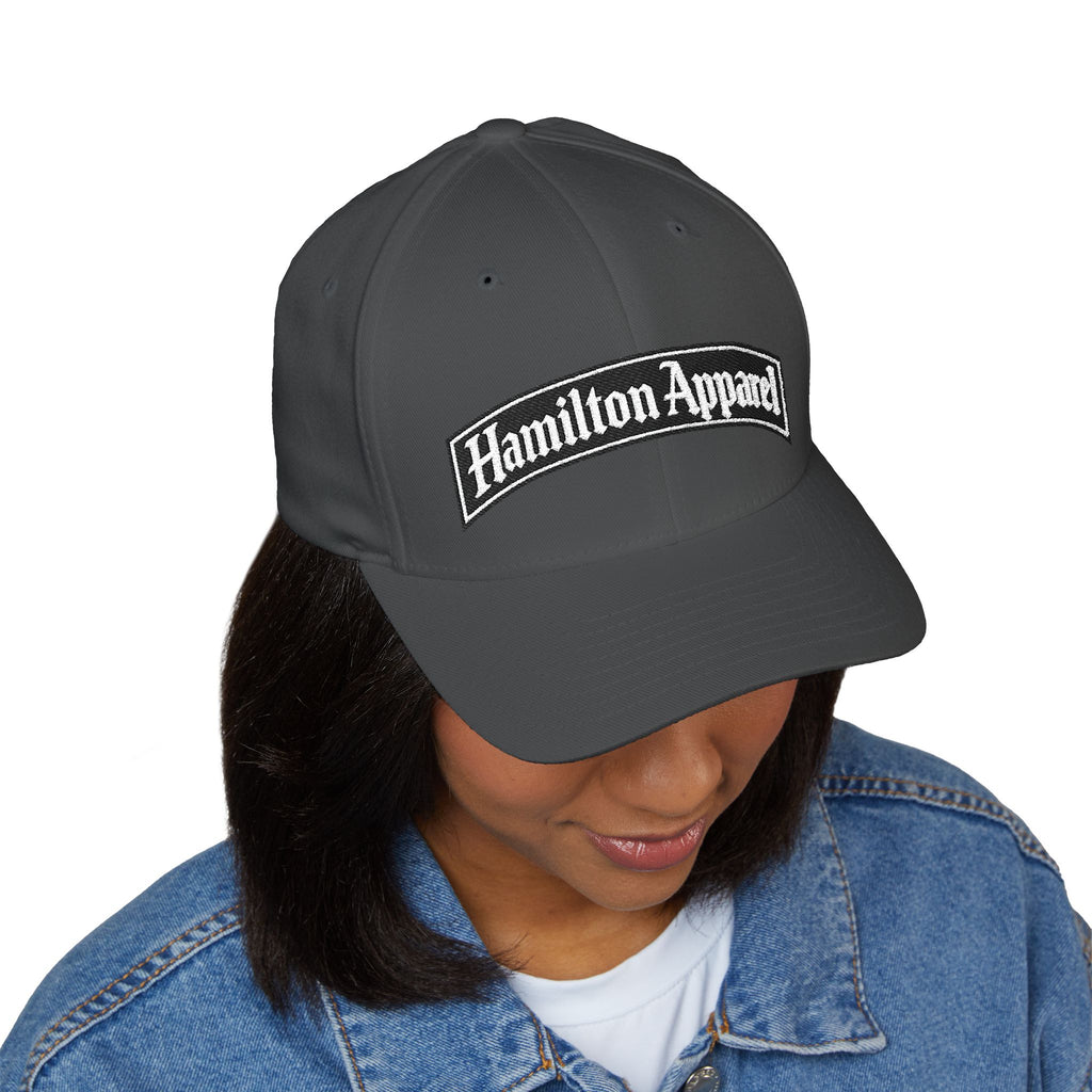 Hamilton Apparel Embroidered Curved Patch Cap — White Structured Closed-Back Hat