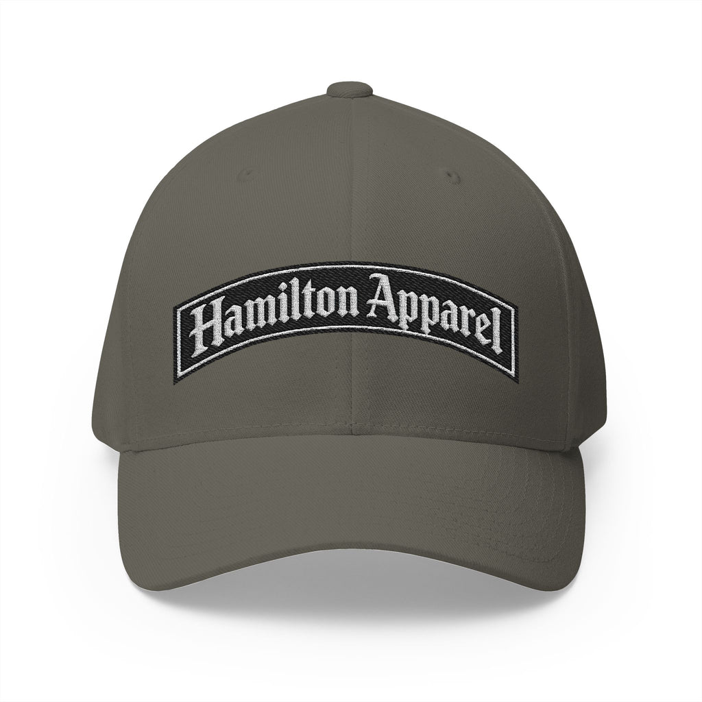 Hamilton Apparel Embroidered Curved Patch Cap — White Structured Closed-Back Hat