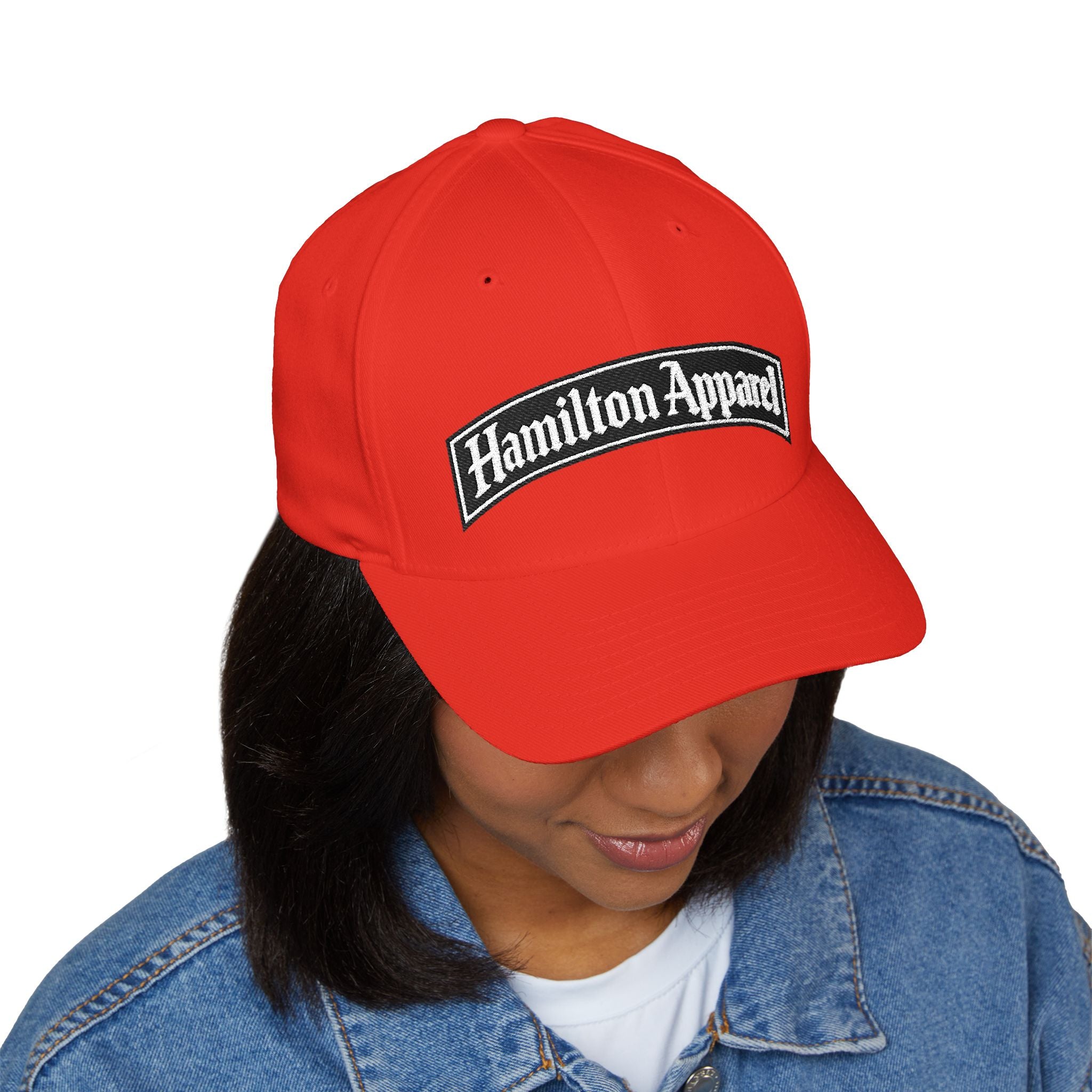 Hamilton Apparel Embroidered Curved Patch Cap — White Structured Closed-Back Hat